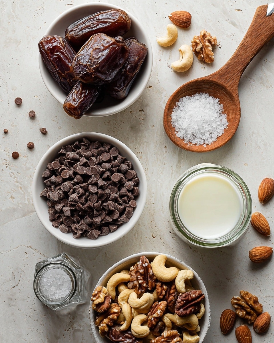 The image shows ingredients arranged on a light-colored, white marbled surface. There are three white bowls: one at the top center filled with large dark brown dates, one at the bottom left filled with many small dark chocolate chips, and one at the right filled with mixed nuts, including walnuts, cashews, and almonds. On the top right, a small wooden bowl holds coarse salt, with a small wooden spoon resting in it. A clear salt shaker is placed below the bowls, and to the bottom right, there is a glass jar containing solid white coconut oil. Scattered around the bowls are a few loose almonds and walnut pieces. The photo taken with an iphone --ar 4:5 --v 7