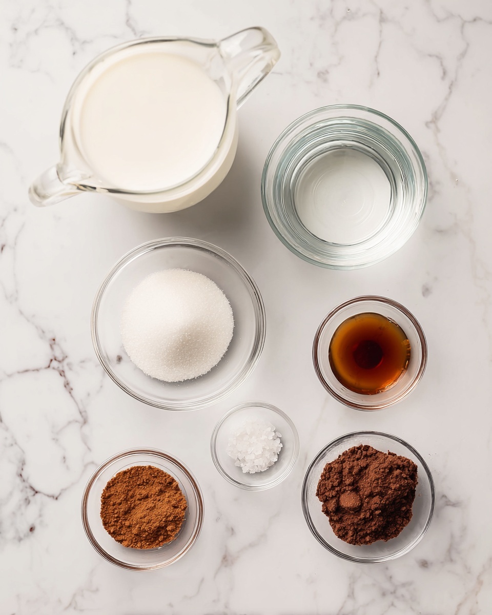 The image shows seven clear glass bowls arranged on a white marbled background. At the top left is a large glass jug filled with white liquid, likely cream. To its right is a medium clear bowl filled with clear water. Below the jug is a small bowl with white granulated sugar, slightly to the right is a small bowl with brown vanilla extract liquid, and to the right of that is a bowl full of dark brown cocoa powder. At the bottom left is a small bowl with medium brown powder, possibly ground spices, and to the right of it is a small bowl with a reddish-brown powder, also likely a spice. In the center bottom, there is a very small bowl with coarse white salt. The bowls are evenly spaced and the white marbled surface underneath is clean. photo taken with an iphone --ar 4:5 --v 7