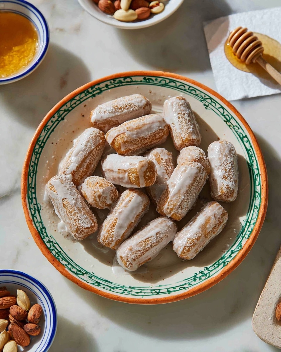 The image shows a white plate with green decorative lines around the edge and a thin orange rim, filled with about a dozen small, cylindrical pastries covered in a light glaze, giving them a shiny and slightly textured look. The pastries are light brown with a white icing layer unevenly spread on top. Around the main plate, there are small white bowls with blue rims holding nuts, placed on a white marbled surface. A honey dipper with honey is also visible resting on a small piece of white paper near the top right corner. The scene is lit naturally and appears simple and inviting, photo taken with an iphone --ar 4:5 --v 7