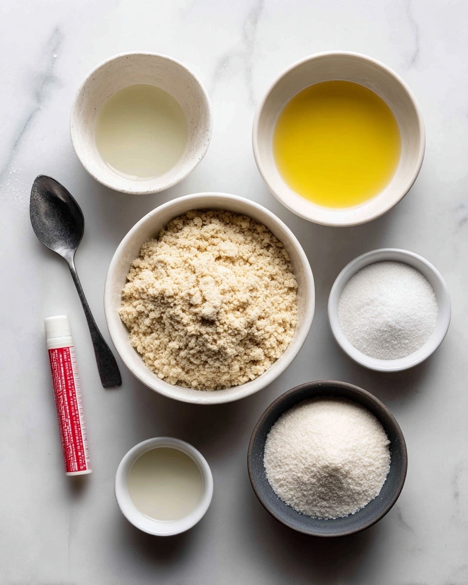 The image shows six separate containers with ingredients on a white marbled surface. In the center is a white bowl filled with a crumbly, light beige powder. Above it, a medium white bowl holds a yellow, smooth liquid. To the right of this bowl, a dark bowl contains fine white granulated sugar. Below the sugar bowl, a medium white bowl is filled with a white powder with a slightly clumpy texture. To the left of the sugar bowl, there is a small white bowl with a clear liquid inside. On the far left, there is a dark spoon with a white powder on it and next to the spoon is a small red and white tube. The scene appears clean and well-lit with soft natural light. Photo taken with an iphone --ar 4:5 --v 7