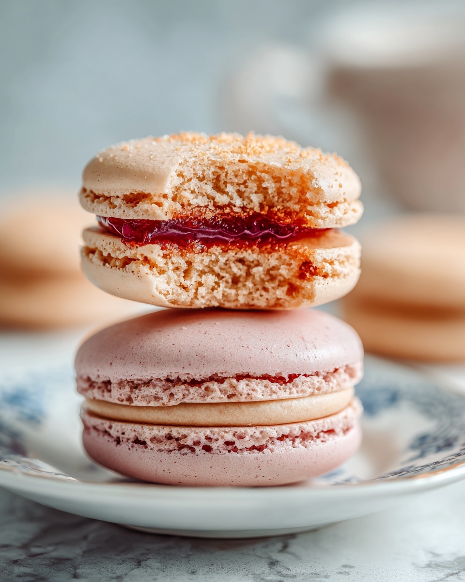 The image shows a stack of two macarons on a white plate with a blue pattern edge, placed on a white marbled surface. The bottom macaron is a dusty pink color with a slightly rough texture around the edges and a visible reddish filling layer in the middle. On top of it, there is a beige macaron with a smooth top and a crumbly texture near the edges. This top macaron is bitten, revealing the vibrant red filling with a slightly textured, fruity look inside. In the soft-focus background, another beige macaron is partially visible. Photo taken with an iphone --ar 4:5 --v 7