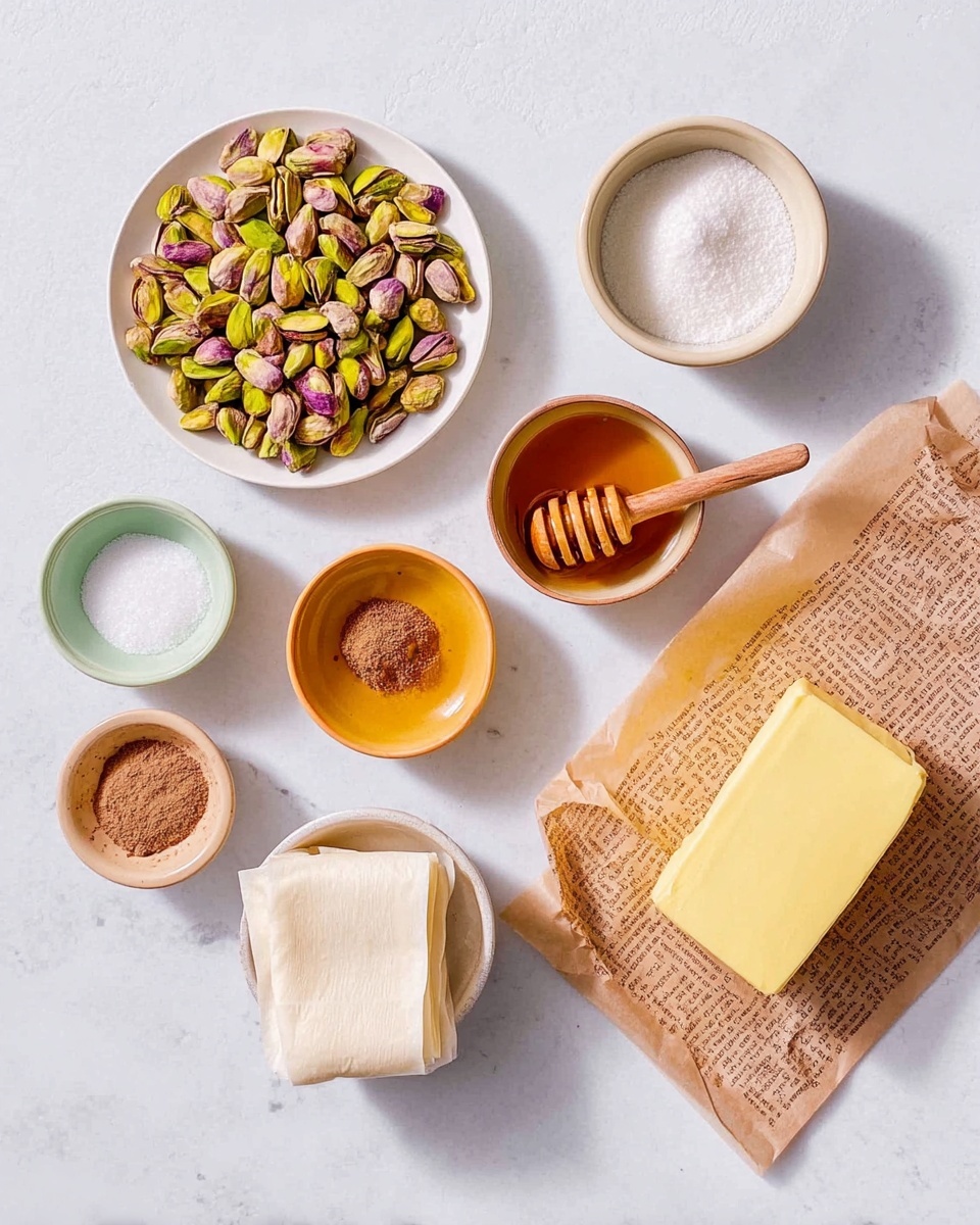 The image shows several ingredients neatly arranged on a white marbled surface. On the left, there is a white plate filled with green and purple pistachios. Above it, there is a small light green bowl with coarse salt, a small beige bowl with brown powder, an orange bowl with thick honey and a wooden honey dipper inside, and a beige bowl filled with white sugar. In the center, there is a folded sheet of thin white pastry dough. On the right, there is a block of yellow butter placed on brown wrapping paper with text. The setup looks clean and well-lit, with soft shadows. Photo taken with an iphone --ar 4:5 --v 7