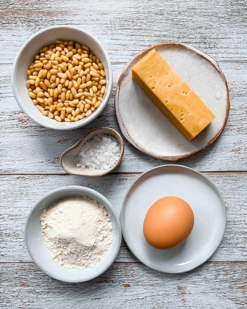 A neat arrangement of ingredients on a white marbled wooden surface includes a white bowl filled with pale yellow pine nuts, a small white bowl containing a fine white powder, a white plate holding a solid block of yellowish-brown cheese, a light brown egg, and a tiny white bowl with some coarse salt. Each item is distinct, showing natural colors and textures with no extra elements around. The focus is clear and the setup looks simple and clean photo taken with an iphone --ar 4:5 --v 7