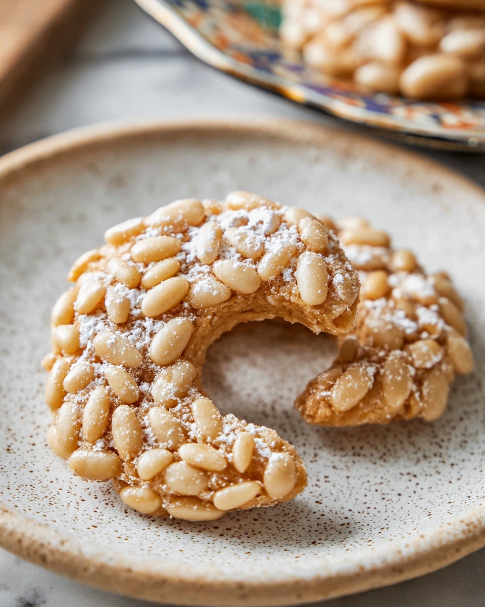 Two small, crescent-shaped cookies covered with pale pine nuts on the outside sit on a white speckled plate with a slightly raised edge. The cookies have a golden brown color underneath the pine nut layer and are lightly dusted with white powdered sugar, giving a soft texture contrast. The background shows a white marbled texture with a blurred part of a patterned plate holding more cookies. The photo taken with an iphone --ar 4:5 --v 7