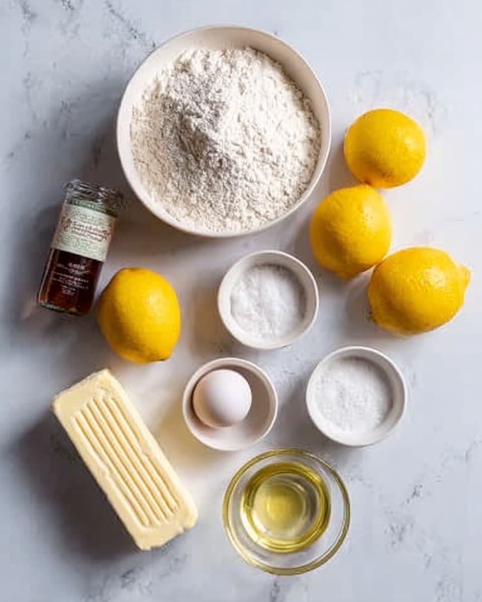 The image shows baking ingredients arranged neatly on a white marbled surface. There is a white bowl filled with white flour at the top, three bright yellow lemons placed to the left, next to a small jar of vanilla extract. Two white eggs are placed below the lemons, with two small white bowls containing coarse salt and baking powder near the center. A stick of butter in pale yellow packaging lies on the left side, and in front, there is a transparent glass cup filled with a light golden liquid, likely oil. All ingredients are evenly spaced with a clean and bright look, photo taken with an iphone --ar 4:5 --v 7
