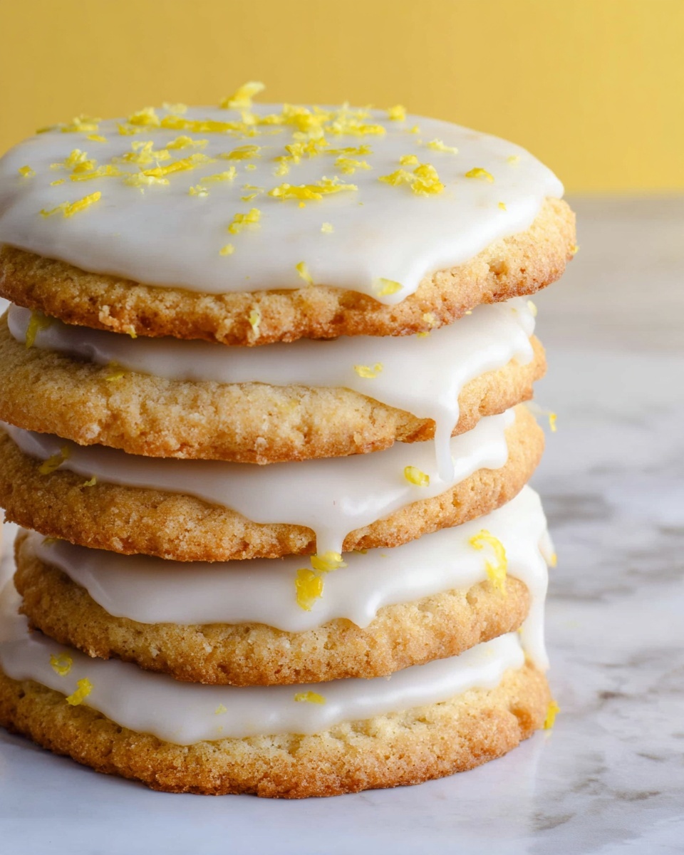 A stack of five round cookies with a light golden-brown color, each separated by a smooth layer of white icing that slightly drips over the edges. The top cookie is fully covered with white icing sprinkled with small bits of yellow zest, adding texture and color contrast. The cookies have a slightly crumbly texture visible around the edges. The stack sits on a white marbled surface with a soft, bright background hinting at yellow tones. photo taken with an iphone --ar 4:5 --v 7