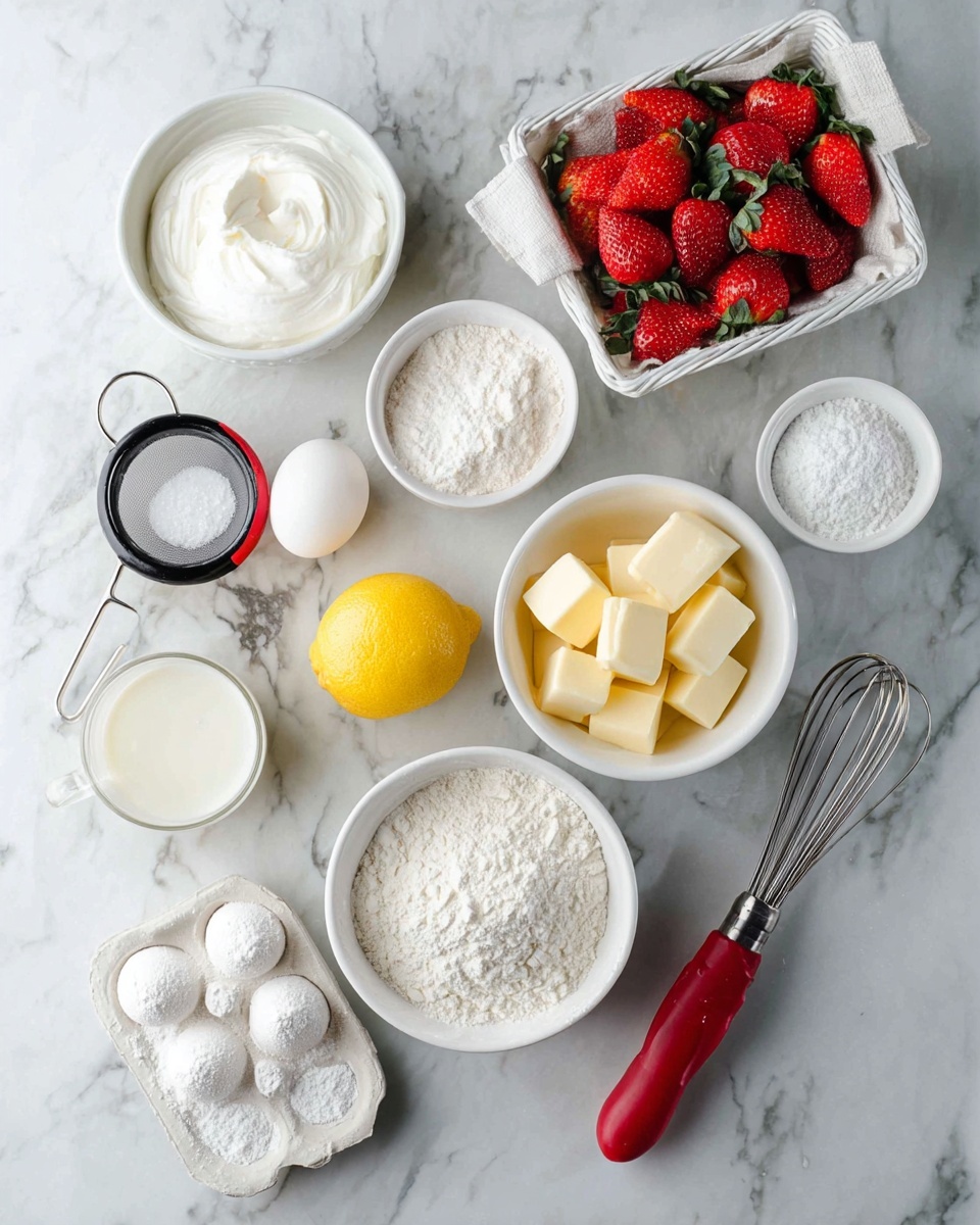 A top-down view showing ingredients for baking neatly arranged on a white marbled surface: a small white bowl of white cream, a white bowl with a halved lemon displaying a bright yellow interior, a white bowl of white powdered substance, a white bowl filled with white flour, a white bowl with granulated white sugar, a small white bowl with salt, a basket with fresh red strawberries with green tops on a white cloth, a metal sifter with a red handle, a white egg tray holding four white eggs, a metal whisk with a black handle, a white bowl filled with evenly cut pieces of pale yellow butter, and a white bowl of milk. Photo taken with an iphone --ar 4:5 --v 7