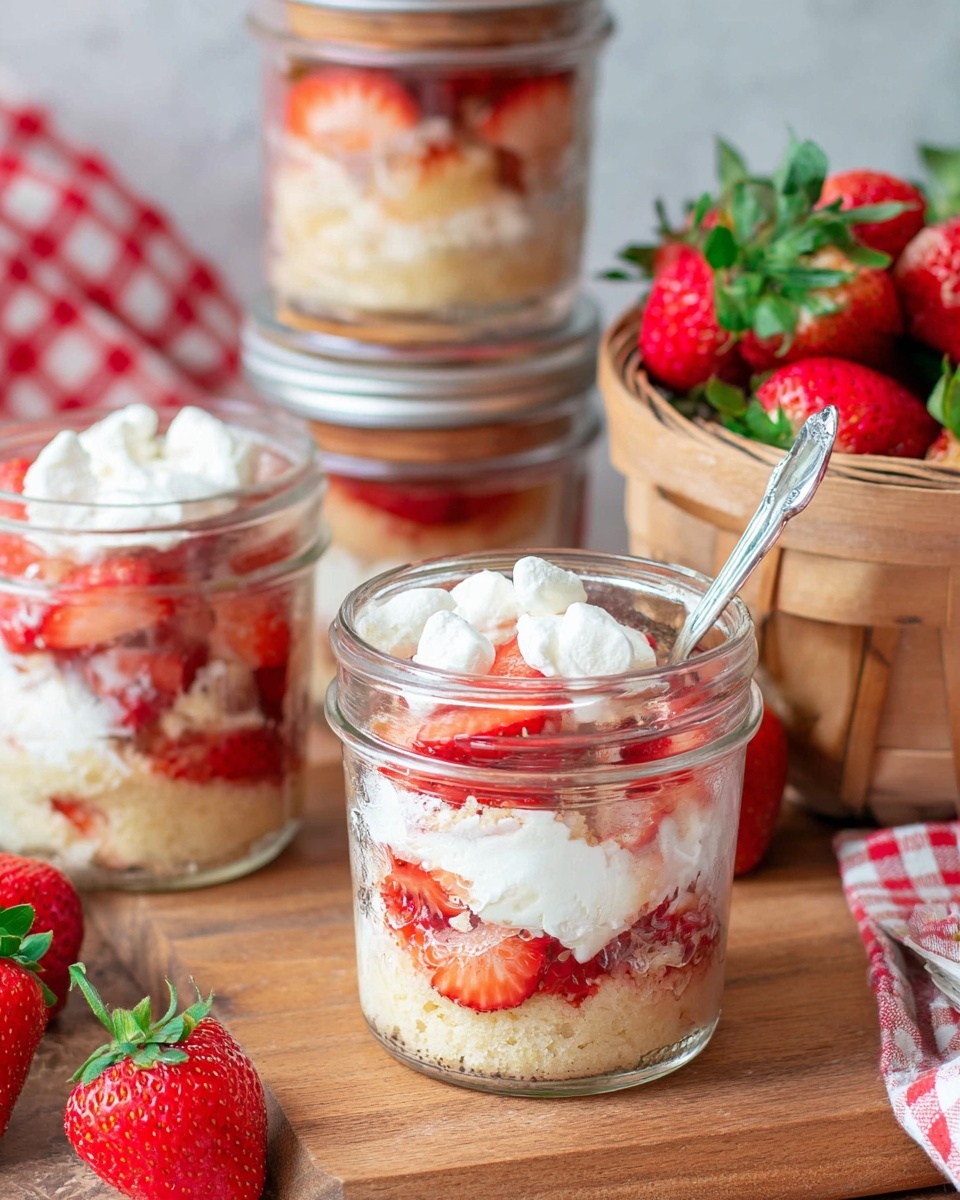 There are clear glass jars filled with a dessert that has four layers: the bottom layer is a light beige cake, the second layer consists of bright red sliced strawberries, the third layer is white cream, and the top layer has small white dollops of cream. The jars sit on a wooden surface with a basket of whole red strawberries with green leaves beside them. In the background, there are more jars stacked and a white marbled texture is faintly visible. A spoon is placed inside the front jar. Photo taken with an iphone --ar 4:5 --v 7