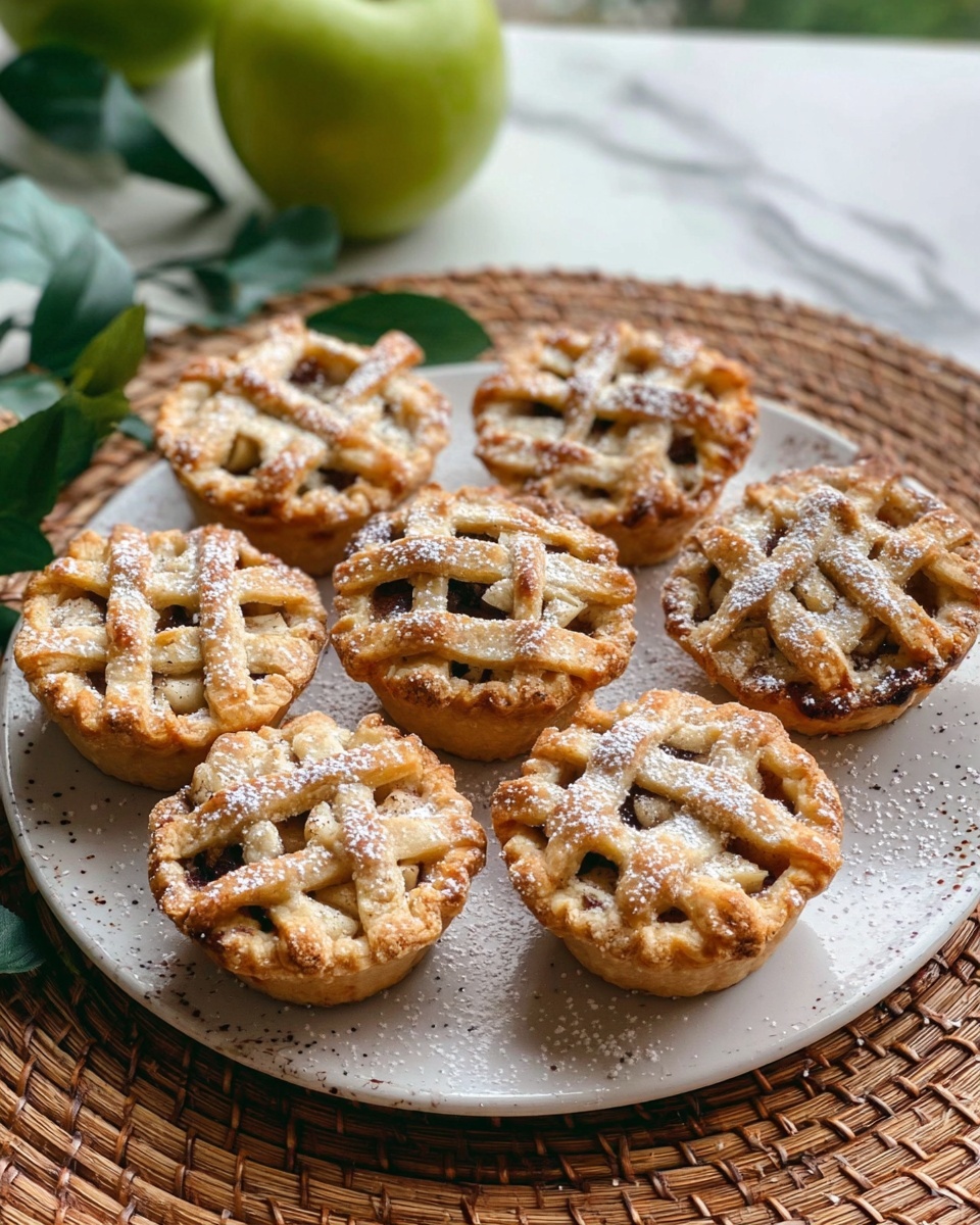 Seven small round pies with golden-brown lattice crusts are placed on a white plate with a slightly speckled pattern, sitting on a woven mat. Each pie has a crisscrossed top layer with visible fruit filling peeking through the gaps. The pies are dusted lightly with powdered sugar. In the background on a white marbled surface, there is a green apple and some green leaves, adding a fresh touch. Photo taken with an iphone --ar 4:5 --v 7