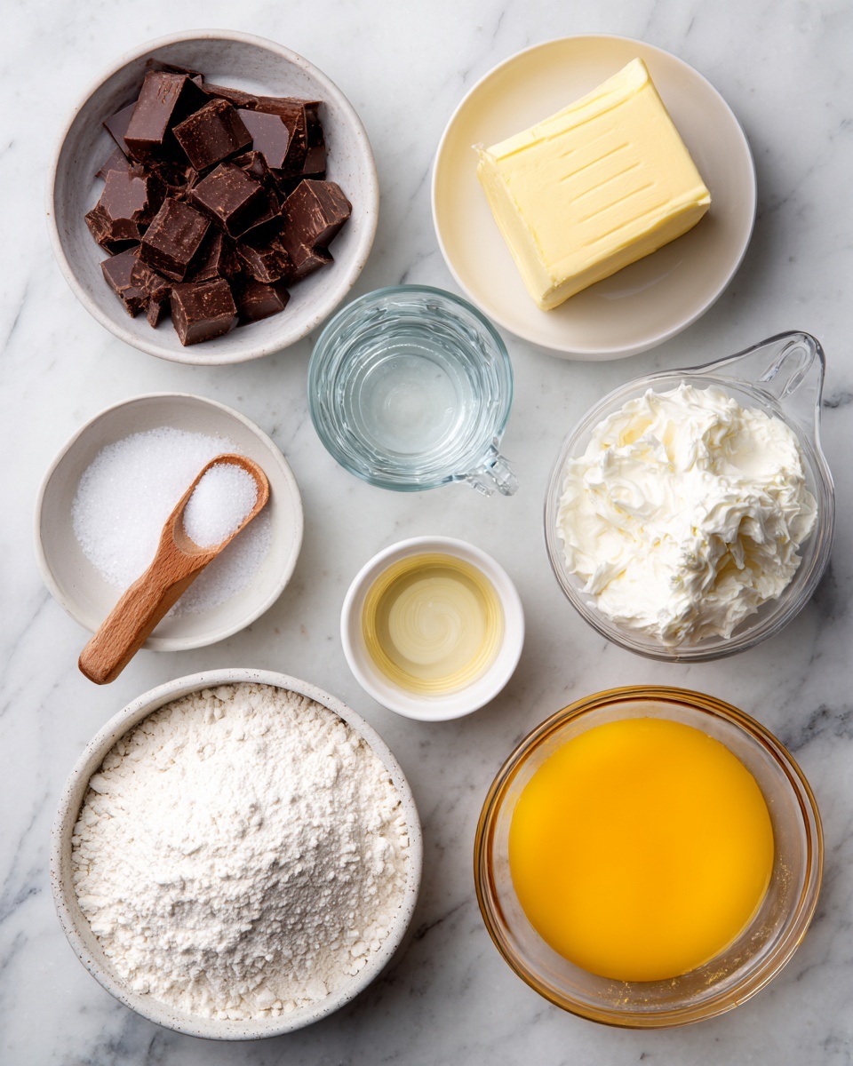 The image shows eight bowls and containers with different ingredients placed on a white marbled surface. The top-left bowl contains small dark brown chocolate pieces, next to it is a clear glass of water. To the right, there is a small white bowl holding a solid block of yellow butter, followed by a clear glass measuring cup filled with white cream. Below the glass of water is a small wooden scoop containing coarse white salt, and next to it, a small white bowl with a light golden liquid. On the bottom row, a white bowl filled with fine white sugar sits to the left of a larger white bowl holding white flour, and a clear glass bowl on the far right contains a beaten orange-yellow egg mixture. photo taken with an iphone --ar 4:5 --v 7