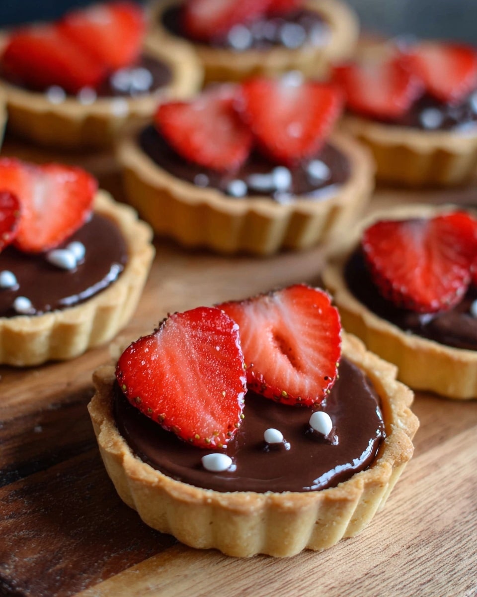 The image shows several small tarts arranged on a wooden surface, each tart having three layers: the base is a light brown, crispy tart shell; the middle layer is a smooth, dark chocolate filling with a shiny texture; the top layer consists of three fresh, sliced red strawberries placed neatly on one side of the tart, with small white decorative drops on the chocolate filling near the strawberries. The tarts have a slightly scalloped edge on the shell and appear in close-up with good light showing the glossy chocolate and fresh fruit. Photo taken with an iphone --ar 4:5 --v 7