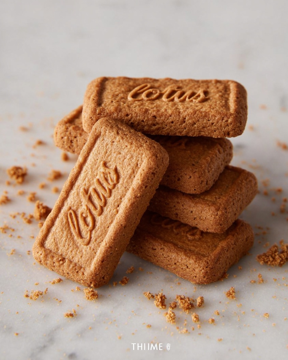 Five brown rectangular biscuits are stacked slightly unevenly on a white marbled surface, with the top two biscuits showing the word