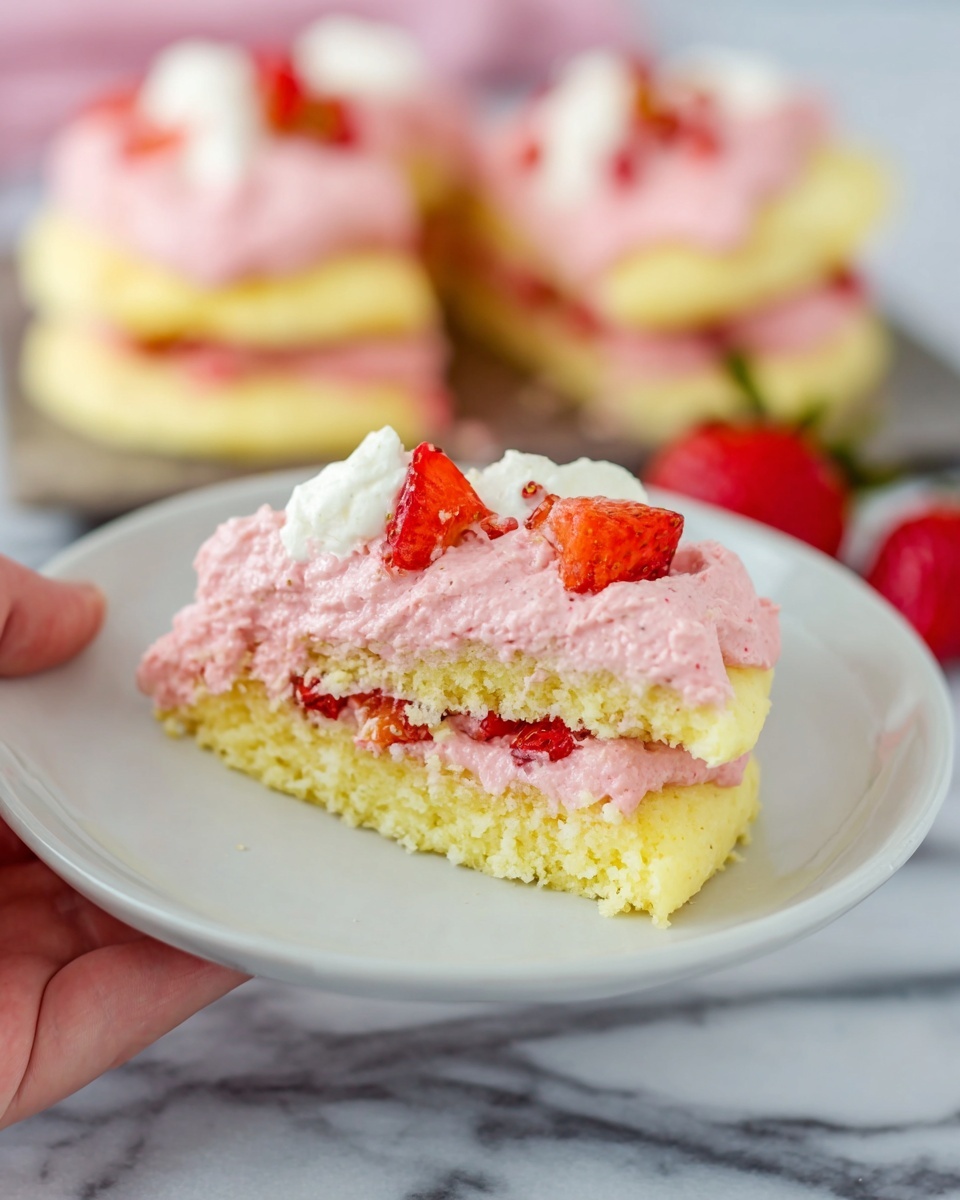 The image shows a dessert with two main layers on a round white plate placed on a white marbled surface. The bottom layer is a pale yellow soft cake with a light, fluffy texture. On top of the cake is a thick layer of pink creamy frosting with a smooth, whipped texture. Small pieces of fresh red strawberries are scattered on the frosting, adding bright pops of color. In the foreground, a piece of the dessert is held by a woman's hand, showing the cake and frosting layers clearly, with strawberry bits on top. In the background, a stack of similar desserts is slightly out of focus. Photo taken with an iphone --ar 4:5 --v 7