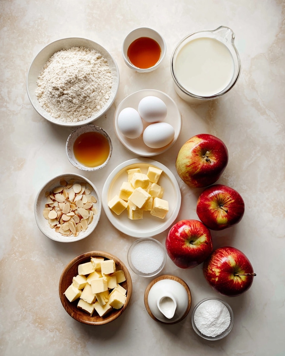The image shows a white marbled surface with baking ingredients neatly arranged: three red apples with green-yellow patches on the right, a white plate holding three white eggs and one cracked egg inside a small dish with a yellow yolk, two small white bowls containing amber liquid and white powder at the top, a white plate filled with milk near the top right, a wooden bowl with yellow butter cubes in the center, a white bowl with white flour near the bottom center, a small white bowl holding sliced almonds at the bottom left, a small glass pitcher of cream, a white bowl of white sugar near the bottom right, a small white bowl with salt near the top right, and a white dish with more butter cubes near the bottom left. The items are evenly spaced and the scene is softly lit, photo taken with an iphone --ar 4:5 --v 7