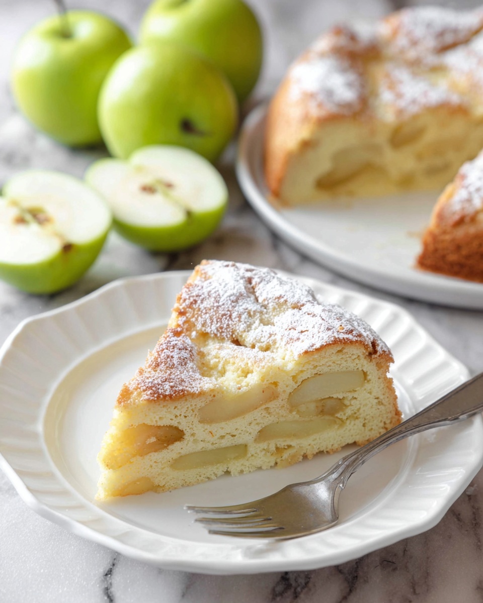 A slice of apple cake is placed in the center of a white plate with a scalloped edge. The cake shows three layers: a light brown, slightly golden, soft top dusted with white powdered sugar; a pale, fluffy middle layer; and a bottom layer with visible chunks of pale, cooked apple embedded in a light yellow cake base. To the right side of the plate is a silver fork. In the blurred background, a white plate holds more slices of the cake, and several fresh green apples, some whole and some cut in halves, are placed on a white marbled surface. Photo taken with an iphone --ar 4:5 --v 7