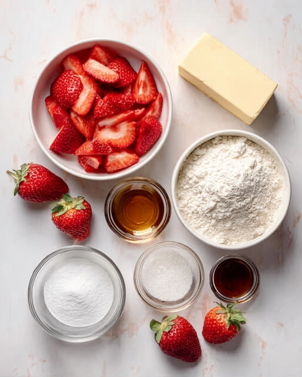 The image shows a top view of ingredients for a strawberry dessert arranged on a white marbled texture. In the center, there is a white bowl filled with sliced red strawberries. Above it, there is a white bowl filled with flour and a small glass bowl of salt on its edge. To the right, there is a block of pale yellow butter. Below the strawberries, there is a small clear glass bowl with white sugar, another with light brown vanilla extract, and a white bowl with more flour. Around the bowls are three whole red strawberries with green tops. The colors are bright and fresh, with the red strawberries standing out against the light ingredients and white bowls. photo taken with an iphone --ar 4:5 --v 7