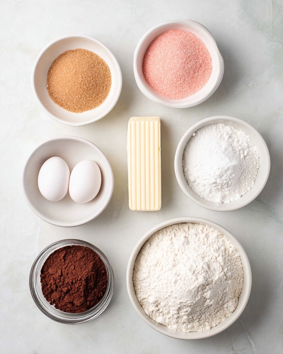 The image shows seven white bowls and a wrapped stick of butter arranged on a white marbled surface. Starting from the top left, there is a bowl filled with light brown sugar, next to it is a bowl with pink powder, and on the top right is a small bowl with white powder. Below these, in the middle left, there is a bowl containing two white eggs, next to it is a bowl filled with granulated white sugar, and to the right of the sugar, the wrapped stick of butter is placed horizontally. At the bottom left, there is a small glass bowl of dark brown cocoa powder, and on the bottom right, a larger bowl filled with white flour completes the arrangement. The layout is neat and evenly spaced, with soft lighting highlighting the textures of the ingredients. photo taken with an iphone --ar 4:5 --v 7