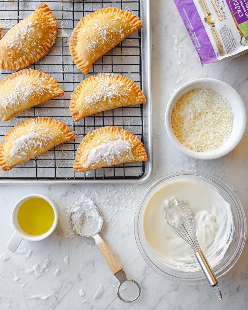 The image shows a baking tray with eight golden-brown half-moon shaped pastries cooling on a wire rack. Four pastries at the bottom have a white icing layer spread on top, sprinkled with shredded coconut, while the other four at the top are plain with a slightly crisp texture and crimped edges. Below the tray, on a white marbled surface, there is a clear glass bowl containing white icing with a whisk and a spatula resting inside. To the left of the bowl is a small white cup with yellow liquid, likely oil, and a white bowl filled with shredded coconut, some spilling onto the surface. To the right side of the image, a purple and white coconut package is partially visible. Photo taken with an iphone --ar 4:5 --v 7