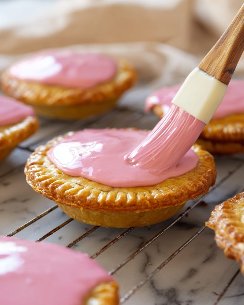A close-up of a baked pie with a golden-brown crust sitting on a metal cooling rack over a white marbled surface. The pie has one layer of thick pink icing being spread smoothly on top with a spatula that has a wooden handle and white silicone head. Surrounding the main pie are several more golden pies, some already covered with the same pink icing that has a shiny and smooth texture. The background is softly blurred with neutral tones. photo taken with an iphone --ar 4:5 --v 7