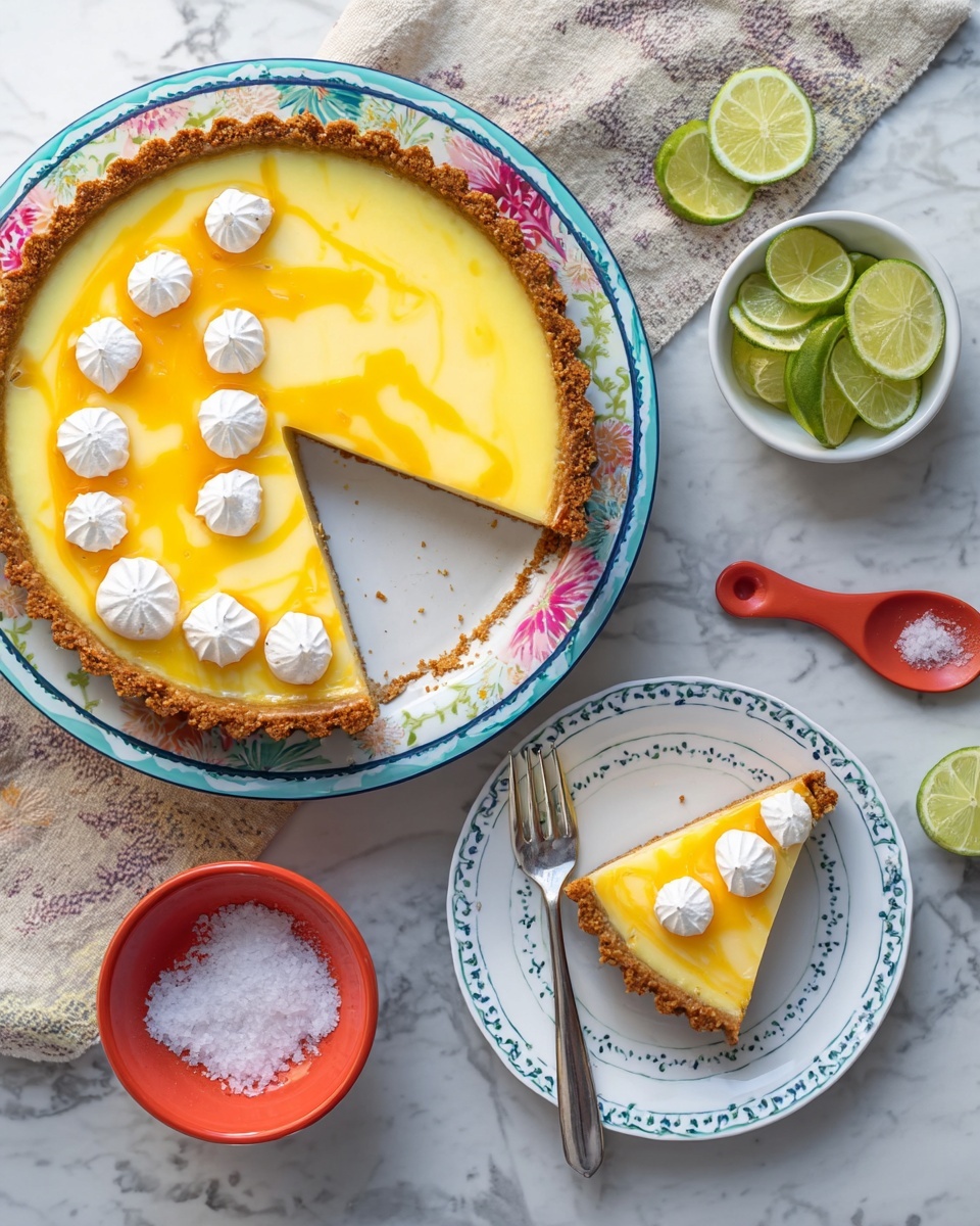 A round tart with a brown crumb crust holds a smooth yellow and light orange marbled filling. There are small white cream dollops on the left side of the tart's surface, arranged in two vertical lines. A triangle slice is removed, revealing the white plate beneath with a floral pattern. A single slice of the tart is on a white plate with blue detailing, decorated with three cream dollops on top. A silver fork rests next to the slice. Nearby, a red tiny bowl filled with coarse salt and a small red spoon lie on a white marbled surface. To the right, a small white bowl holds green lime slices. A woman’s hand is not present in the image. Photo taken with an iphone --ar 4:5 --v 7