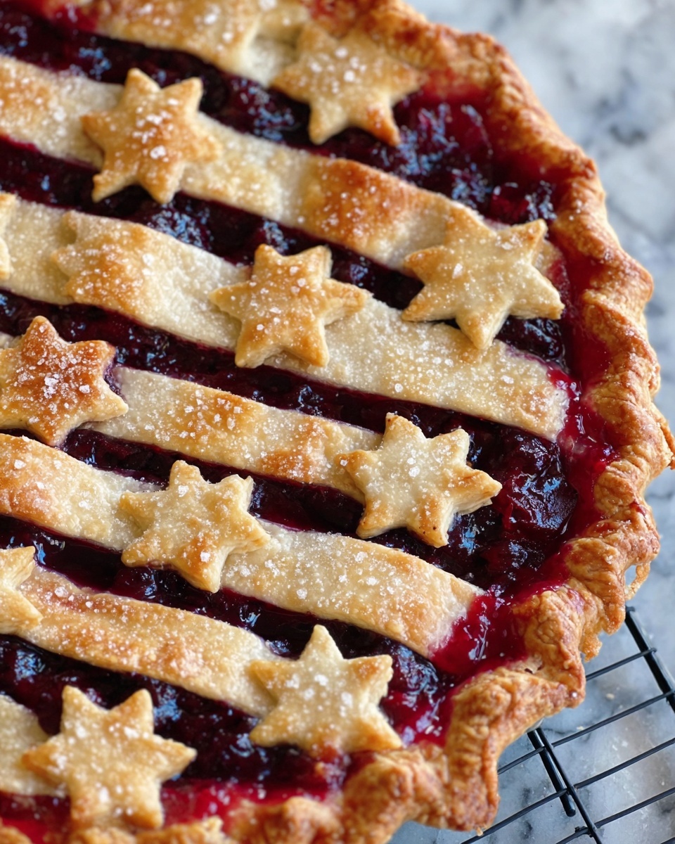 The image shows a close-up of a fruit pie with five thick horizontal strips of golden-brown crust, separated by thick, glossy dark red fruit filling. On top of the crust strips are small star-shaped crust pieces, arranged in two rows along the length of the pie. The pie crust edges are crimped and golden with a sparkling sugar texture. The pie is placed on a white marbled surface with a black cooling rack partly visible underneath. photo taken with an iphone --ar 4:5 --v 7