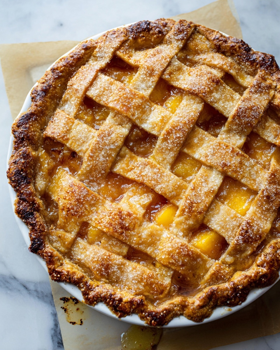 A close-up view of a golden-brown lattice fruit pie with six thick woven strips on top, sprinkled with coarse sugar crystals giving a sparkly texture. The filling is a warm yellow and orange color, peeking through the gaps of the lattice crust. The pie crust edges are crimped and slightly darker, showing a rough and flaky texture. The pie sits in a white pie dish on a baking tray lined with parchment paper, which has browned fruit juices spilled around the edge. The whole scene is set on a white marbled surface. Photo taken with an iphone --ar 4:5 --v 7