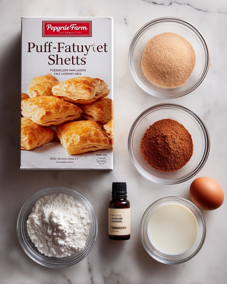 A set of six ingredients are neatly arranged on a flat surface with a white marbled texture. On the left side, there is a white rectangular box labeled