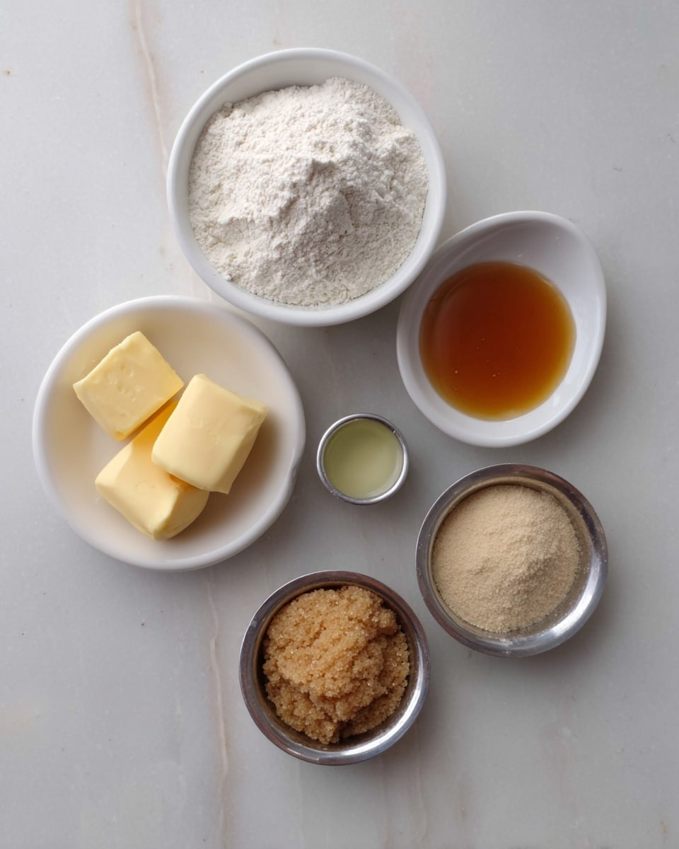 The image shows eight ingredients neatly arranged on a white marbled surface, including a white egg in the center, a metal measuring cup filled with light beige flour to the top left, a metal measuring spoon with light brown sugar below the flour, a small glass bowl with white baking soda and another with white sugar near the middle, a small glass bowl of dark brown vanilla extract below the sugar, a small glass bowl filled with chopped brown nuts at the top right, a larger glass bowl full of white shredded coconut to the right, and a white plate holding a chunk of pale yellow butter at the bottom right; the setup is clean and organized with the ingredients separate and clear photo taken with an iphone --ar 4:5 --v 7