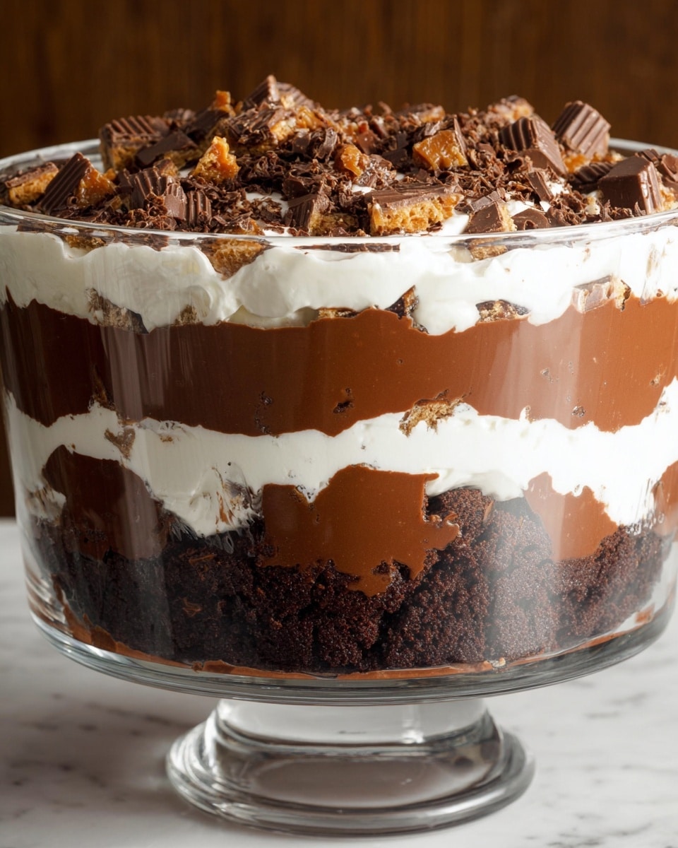 This image shows a layered dessert in a clear glass bowl with four distinct layers. The bottom layer is dark brown, crumbly chocolate cake. Above that is a thick layer of smooth, rich chocolate pudding with a glossy texture. The third layer is white, fluffy whipped cream, generously spread over the pudding. On top, there is another layer of chocolate cake chunks mixed with more whipped cream, all covered with a scattering of chopped chocolate and caramel candy pieces, adding a rough, textured look. The whole dessert stands on a white marbled surface. photo taken with an iphone --ar 4:5 --v 7