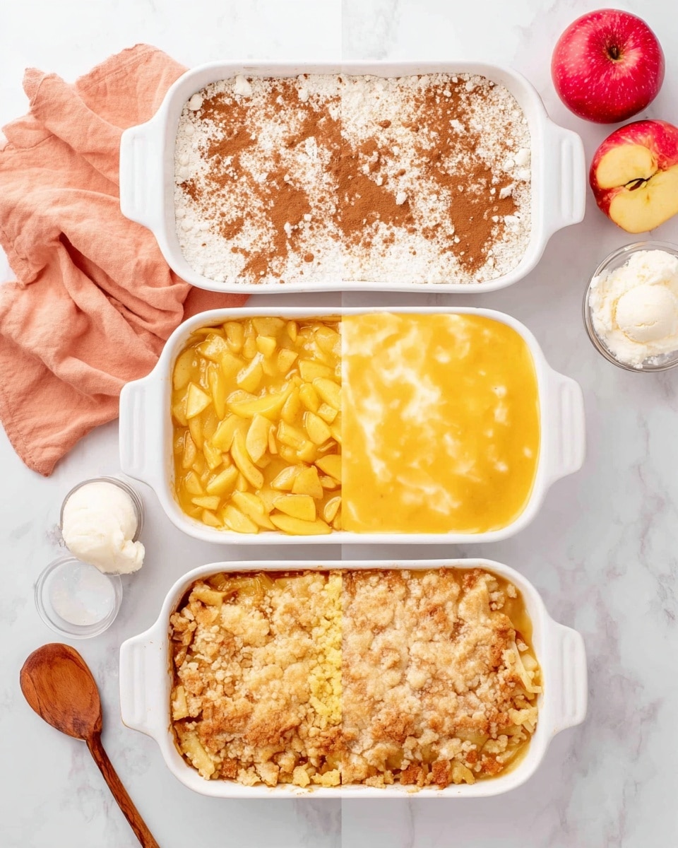 The image shows a white baking dish with four stages of making apple crisp. The first layer is a base of soft, sliced yellow apples unevenly spread in the dish. The second layer is a light, white flour mix with a dusting of brown cinnamon sprinkled unevenly on top, covering the apples fully. The third layer shows a thick, glossy yellow sauce poured over the flour mixture, with some white curds breaking the smooth surface. The fourth stage displays a golden-brown baked crust with a rough texture, sitting evenly on top, with some patches showing the softer layers beneath. The dish is placed on a white marbled surface with a peach cloth and wooden spoon nearby, next to some red apples, ice cream scoops, and syrup in small containers. Photo taken with an iphone --ar 4:5 --v 7
