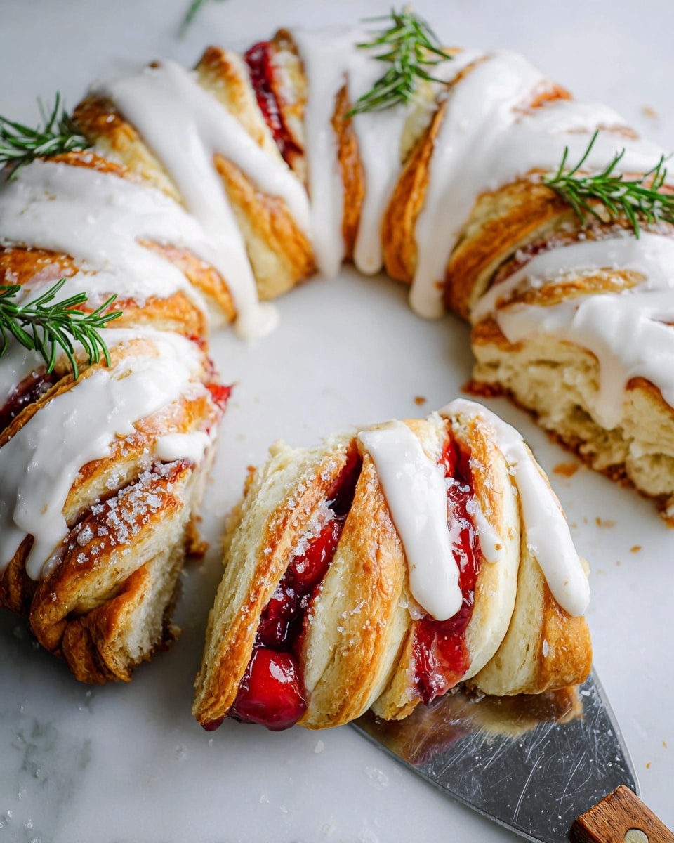 The image shows a round pastry wreath with golden-brown layers twisted to reveal a red cherry filling and creamy white layer inside. The wreath is topped with thick white icing dripping unevenly over the top and sides. Fresh green rosemary sprigs, dusted with sugar crystals, are placed under the pastry at intervals, adding color contrast. The pastry sits on a white marbled surface, and a metal spatula with a wooden handle is partially visible holding one piece. The warm tones of the pastry and bright red filling stand out against the smooth white background. photo taken with an iphone --ar 4:5 --v 7