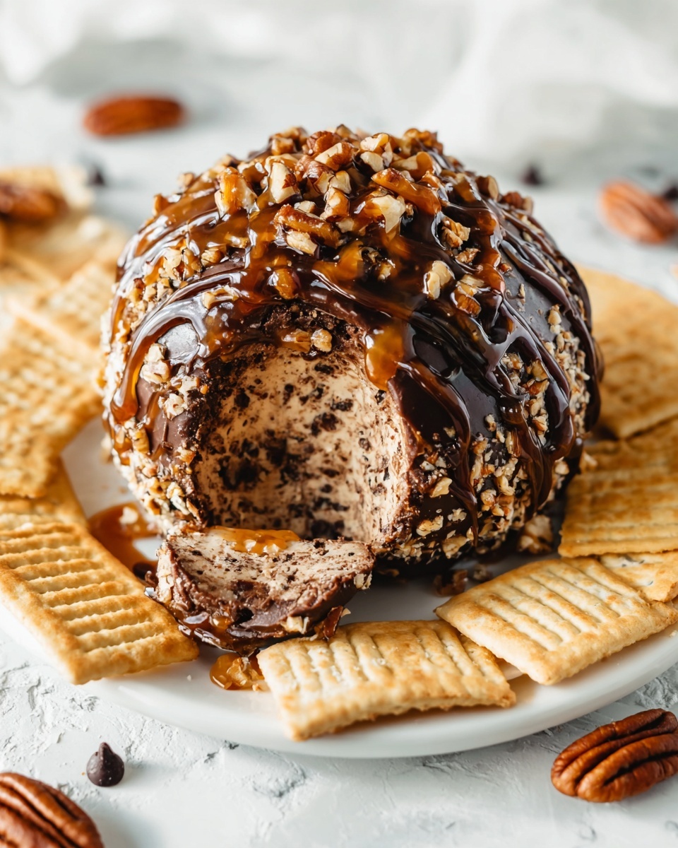 The image shows a round chocolate dessert ball covered with whole pecans and drizzled with dark and caramel-colored syrup on top. The ball has a dense, textured chocolate interior visible from a bite taken out at the front. The dessert rests on a white plate surrounded by light golden rectangular crackers with ridges. Scattered around the plate on the white marbled surface are a few pecans and small dark chocolate chips. Photo taken with an iphone --ar 4:5 --v 7
