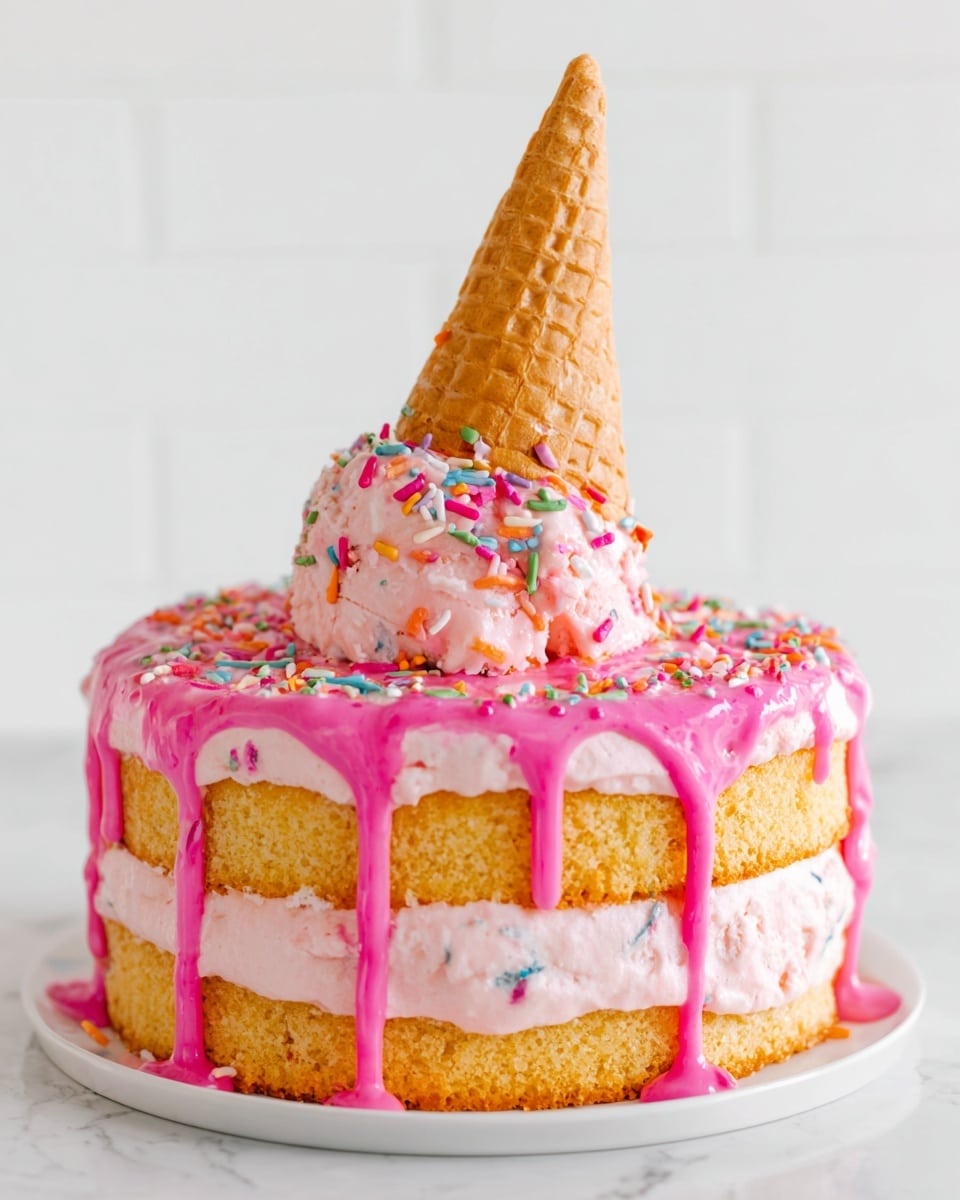 The image shows a two-layer cake on a white marbled surface. The bottom layer is a light golden cake with sprinkles inside, topped by a thick middle layer of pale pink frosting or ice cream with a soft texture. The top layer is another golden cake with colorful sprinkles on top. Bright pink icing drips down over the edges of the top cake layer, creating a playful drip pattern. A waffle cone is placed upside down in the center of the cake, partially covered in the same pink icing with sprinkles stuck to it. The background is clean white, making the vibrant colors of the cake stand out clearly. Photo taken with an iphone --ar 4:5 --v 7