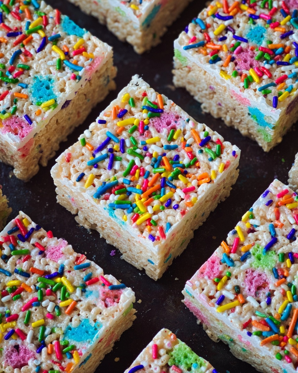 The image shows several square rice cereal treats with three visible layers; the bottom layer is a light tan rice cereal base, the middle layer shows pastel colors like blue, pink, and purple peeking through, and the top layer is coated with white marshmallow and covered in colorful round and long sprinkles in red, green, yellow, blue, purple, orange, and pink. The treats are arranged on a dark surface with spaces between each piece, showing their thickness and texture clearly. photo taken with an iphone --ar 4:5 --v 7