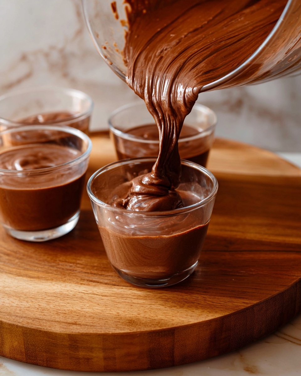 A thick, smooth chocolate mousse is being poured from a large glass bowl into a small, clear glass cup. The mousse is dark brown and creamy, swirling as it fills the cup. There are already two filled cups and one cup empty, all placed on a round wooden board with a rich, warm grain. The background is a white marbled texture. Photo taken with an iphone --ar 4:5 --v 7