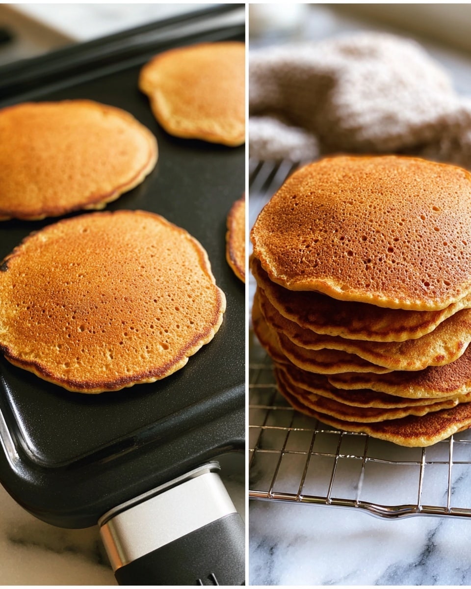 The image shows several golden-brown pancakes with a slightly uneven round shape and textured surface. On the left, one pancake is cooking on a black griddle with a silver edge and a black spatula underneath it. The pancakes have small bubbles and a soft, porous texture. On the right, a close-up shows a stack of about seven pancakes resting on a wire rack, all with warm golden tones and a soft crumb texture. The scene has a cozy kitchen feel with a white marbled surface visible beneath the griddle and rack. photo taken with an iphone --ar 4:5 --v 7