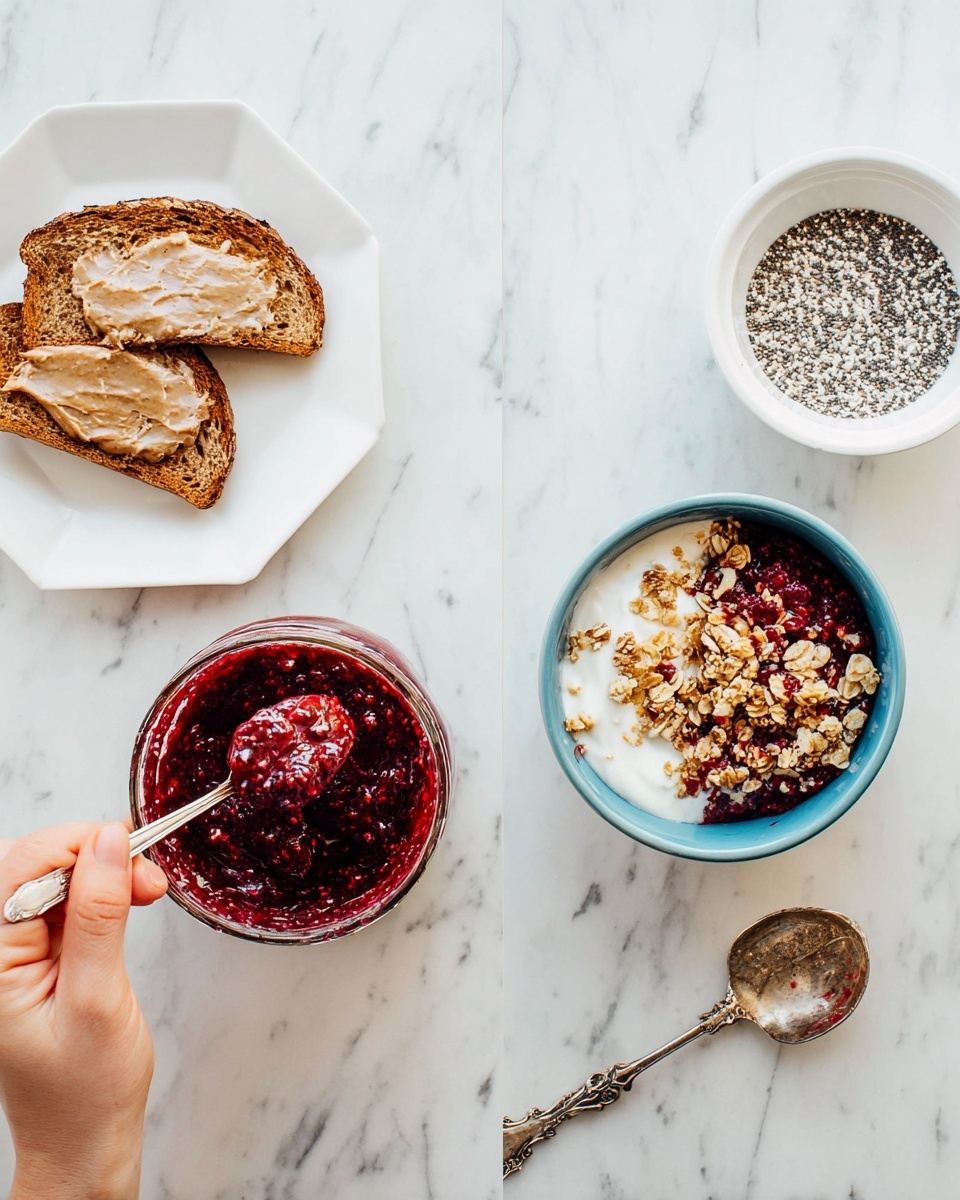 On a white marbled surface, there is a scene with four main items: on the top left, a white hexagonal plate holds two toasted slices of brown bread, one spread with a light brown creamy topping, held by a woman's hand. Below that, a clear glass jar is filled with a thick, dark red berry jam, with a silver spoon in it held by the woman's hand. On the top right, a white bowl contains a light-colored mixture with black chia seeds. Below, a blue bowl holds a mixture divided into two layers: a creamy white yogurt layer on the right and a granola topping with oats and dark pieces on the left. To the right side, an ornate silver spoon with traces of the jam is resting on the white marbled surface. photo taken with an iphone --ar 4:5 --v 7