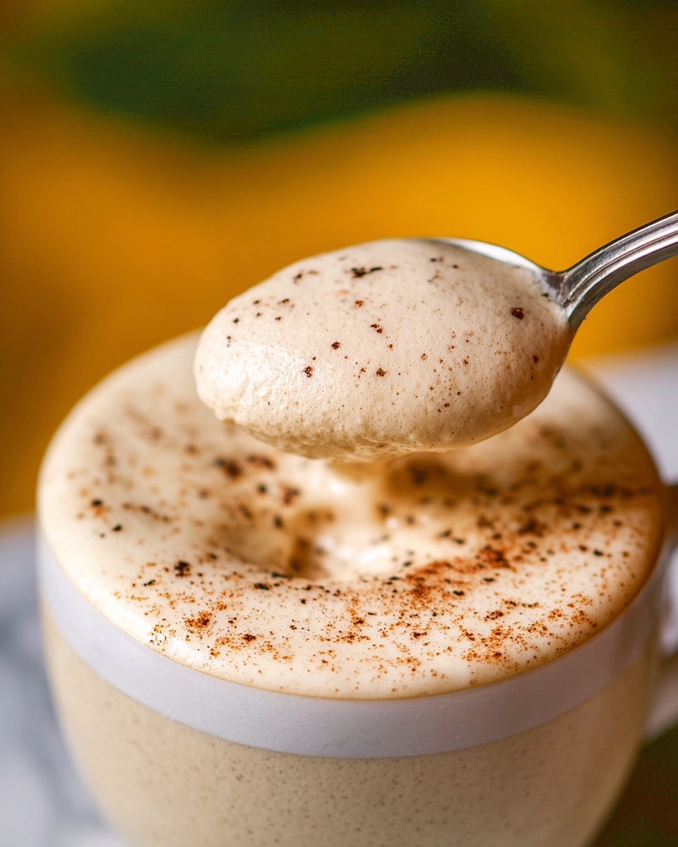 A close-up view of a creamy foam layer on top of a light beige drink, with tiny brown specks sprinkled evenly across the foam surface. A silver spoon lifting a dollop of the dense, smooth foam that shows a slightly glossy texture, hovering above the drink in a white cup. The background is blurred, showing soft warm yellow and green tones, while the cup rests on a white marbled surface. photo taken with an iphone --ar 4:5 --v 7