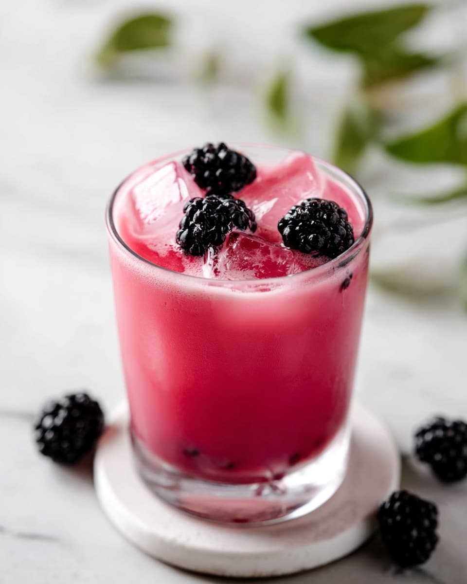 A clear glass filled with a bright pink drink and ice cubes, topped with four blackberries floating on the surface. The glass sits on a white coaster on a white marbled surface. Around the glass, there are a few blackberries and a green leafy sprig slightly blurred in the background. The drink looks cold and refreshing with a smooth texture. photo taken with an iphone --ar 4:5 --v 7