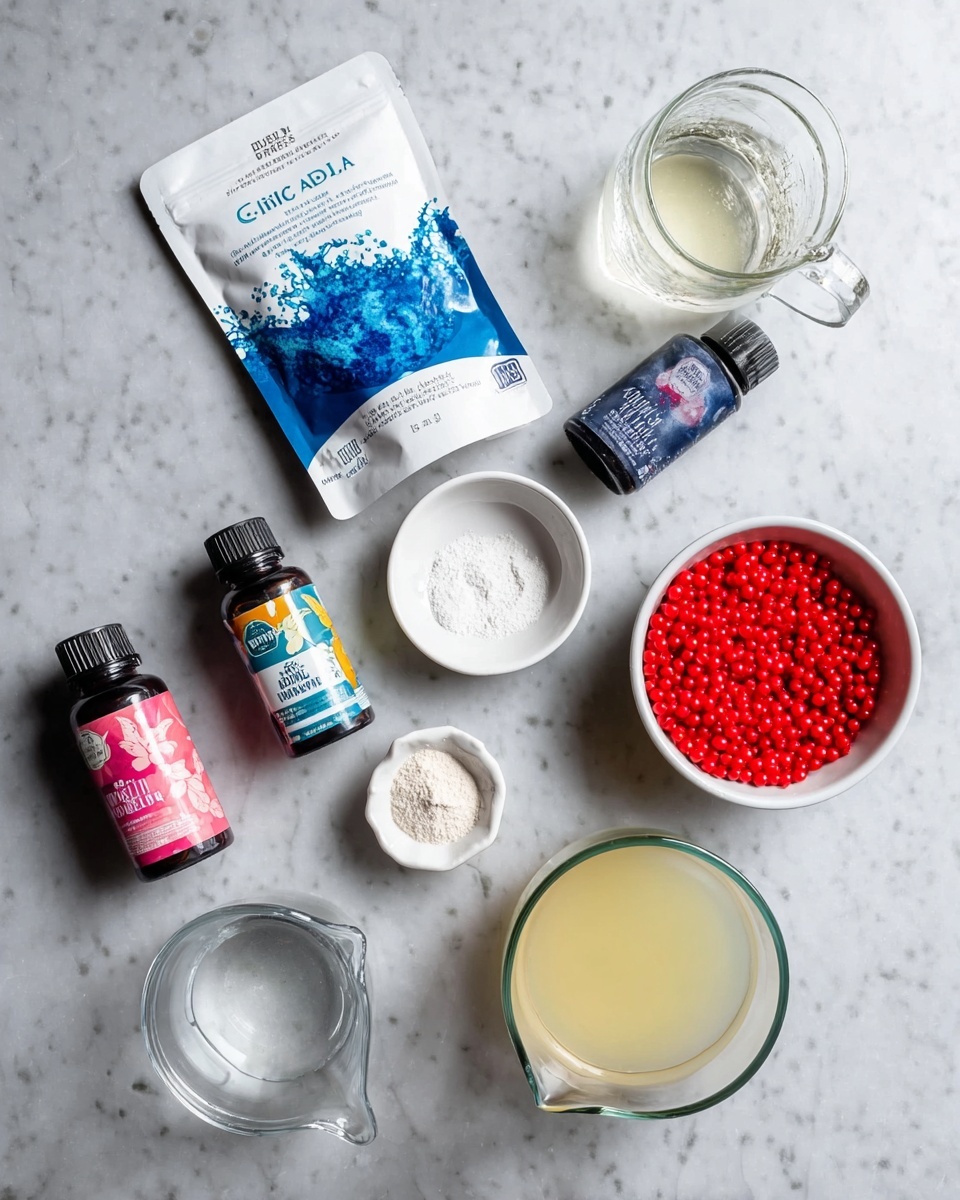 The image shows ingredients arranged on a white marbled surface: a white packet of blue spirulina powder with a blue splash design, a white packet of citric acid with blue and yellow text, and three small dark bottles with colorful labels—one pink for raspberry, one white for blackberry, and one blue for blueberry. There is a small white bowl filled with bright red spherical beads, a white bowl with fine white powder, a glass measuring cup with a clear liquid, a glass measuring cup with a pale yellow liquid, and a glass measuring cup with a cloudy pale yellow liquid. photo taken with an iphone --ar 4:5 --v 7