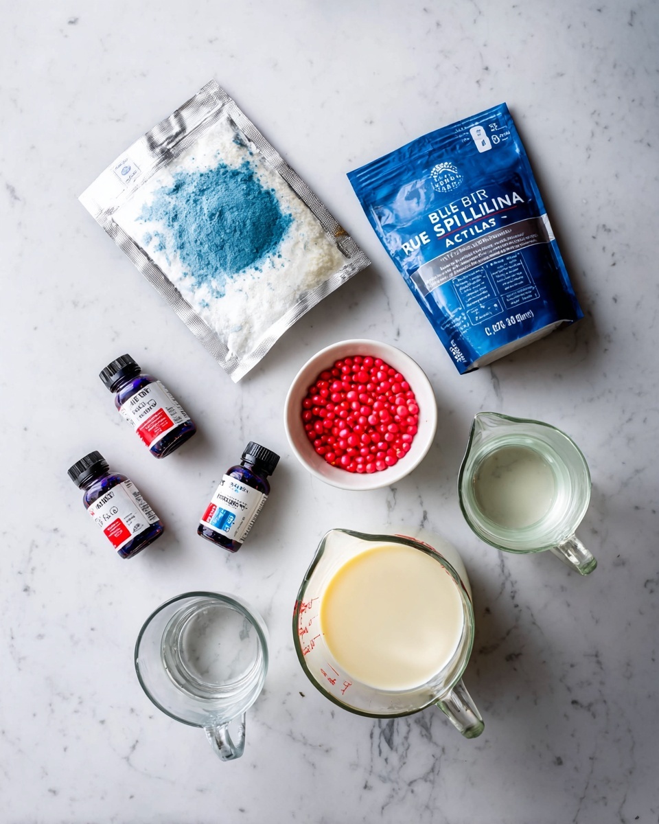 The image shows a variety of cooking ingredients arranged on a white marbled surface. There are two packet ingredients, one silver and white labeled