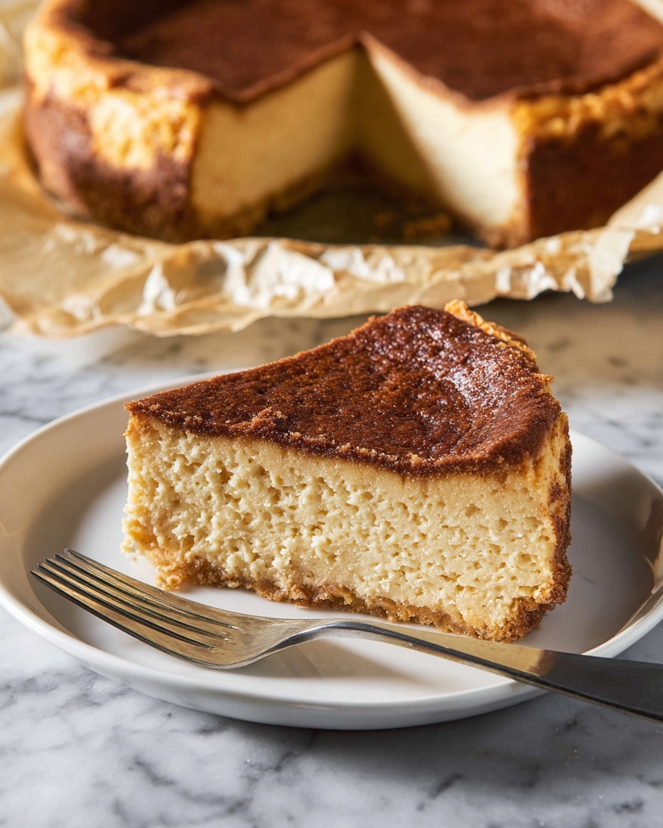 A single slice of cheesecake sits on a white plate, showing two main layers: a thick, creamy light beige base with a slightly rough texture and a smooth, darker brown top layer that looks firm and lightly browned. The cheesecake slice has clean edges and is placed next to a silver fork on the plate. In the background, the rest of the cheesecake is visible on white baking paper, with the same two layers clearly seen, and some uneven, crumpled edges around the sides. The whole scene is set on a white marbled surface. Photo taken with an iphone --ar 4:5 --v 7