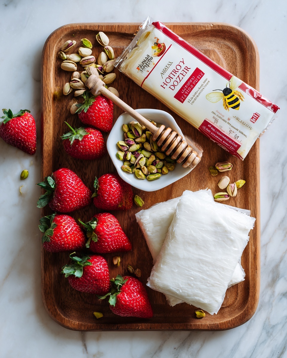 The image shows a wooden board placed on a white marbled surface. On the board, there is a white wrapped phyllo dough sheet stacked flat on the right side. Next to it, a small white bowl filled with greenish-brown pistachios sits on the board. Scattered pistachios are around the bowl and board. There are several bright red, fresh strawberries with green leaves gathered in the left-center area of the board. Near the strawberries is a wooden honey dipper with a bee decoration on the end, resting on the board. Behind the strawberries and dough, there is a rectangular package of Athens Phyllo Dough with a mostly white and red design. The whole setup is bright, clean, and colorful. photo taken with an iphone --ar 4:5 --v 7