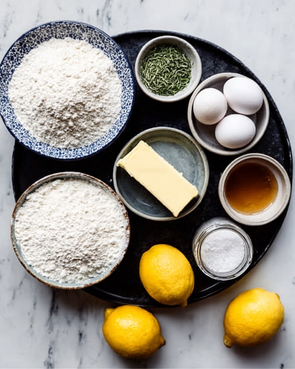 A black round tray holds an arrangement of baking ingredients on a white marbled surface. On the tray, from top left to bottom right, there is a bowl with white flour that has a blue pattern on the edge, a small bowl with green herbs, a stick of pale yellow butter placed in the center, a bowl filled with white granulated sugar, three white eggs lined up vertically on the right, a small bowl with clear golden honey, a little jar of white salt and a bowl with white rice grains. Two bright yellow lemons sit at the bottom of the tray. Each item contrasts with the tray’s black color and the white marbled surface around it. photo taken with an iphone --ar 4:5 --v 7
