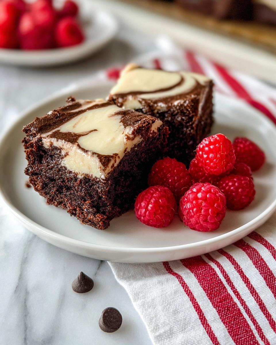 Two square pieces of dark brown chocolate cake with a light cream-colored swirl on top rest side by side on a white plate. The cake looks moist and dense with a slightly rough texture. Next to the cake pieces, there are several fresh bright red raspberries with a bumpy texture and a few small dark chocolate chips. The plate sits on a white marbled surface with a red and white striped cloth nearby, and a blurred background with more raspberries scattered around. Photo taken with an iphone --ar 4:5 --v 7