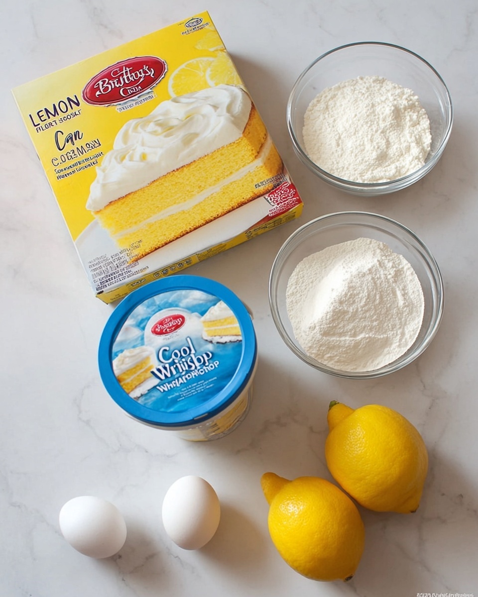 The image shows ingredients for a lemon cake laid out on a white marbled surface. There is a box of Betty Crocker Super Moist Lemon Cake Mix with a picture of a yellow two-layer cake with white frosting on the box. Two whole lemons are placed near the bottom right, both bright yellow and smooth. Two white eggs are positioned near the bottom left. A transparent glass bowl with a white powdery ingredient sits near the top right, while a smaller transparent glass container filled with a similar powder is near the bottom center. In the middle sits a white container of Cool Whip Original with a blue lid featuring images of whipped cream on desserts. The setup is simple and clean, with all elements clearly visible and neatly arranged. photo taken with an iphone --ar 4:5 --v 7