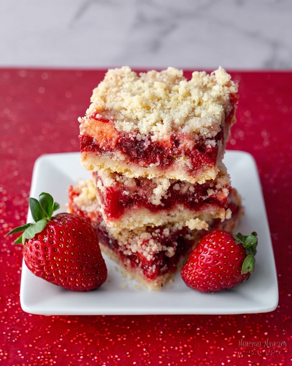 The image shows three square pieces of strawberry crumb bars stacked on top of each other on a white plate. Each bar has three layers: a light brown crumbly base, a bright red strawberry filling in the middle with bits of strawberries visible, and a crumbly beige topping sprinkled unevenly on top. Two whole fresh strawberries with green leaves are placed beside the bars on the plate. The plate rests on a red textured surface with tiny patterns, but the background is changed to a white marbled texture. photo taken with an iphone --ar 4:5 --v 7