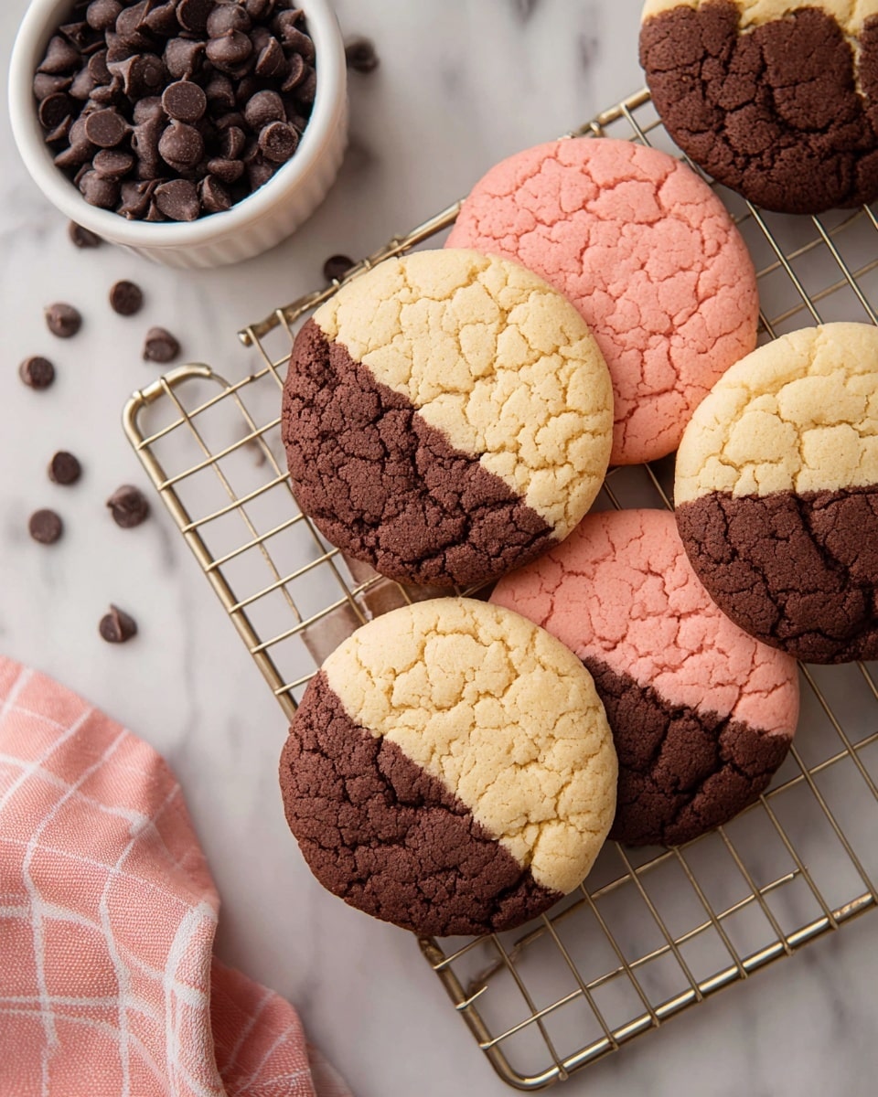 A group of round cookies on a metal cooling rack, each cookie divided into three equal sections with distinct colors and textures: one section is dark brown and cracked with a rough texture, another section is light beige with a soft crumbly look, and the last section is pink with a slightly coarse surface. Nearby, on the left side, a white bowl filled with dark chocolate chips is placed on a white marbled surface, along with some scattered chocolate chips. A soft pink checkered cloth is partially visible at the bottom left corner. photo taken with an iphone --ar 4:5 --v 7