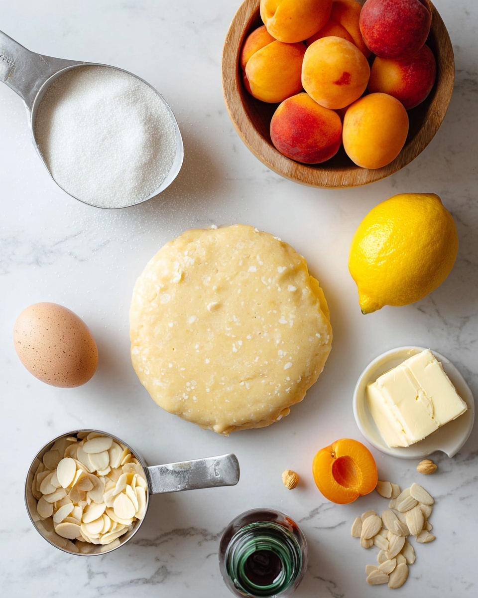 The image shows fresh cooking ingredients arranged on a white marbled surface. There is a round, smooth dough disk in the center with a pale yellow color and soft texture. To the right is a whole bright yellow lemon and above it, a wooden bowl filled with whole apricots in warm shades of orange and red. Below to the left, a single light brown egg with speckles sits near a small bowl of pale yellow butter cubes. A metal measuring cup holds light beige sliced almonds, some scattered around it, and a small dark glass bottle with a green cap is next to the almonds. Above the dough, there is a metal spoon filled with white granulated sugar. The overall scene is clean and bright with natural light. photo taken with an iphone --ar 4:5 --v 7