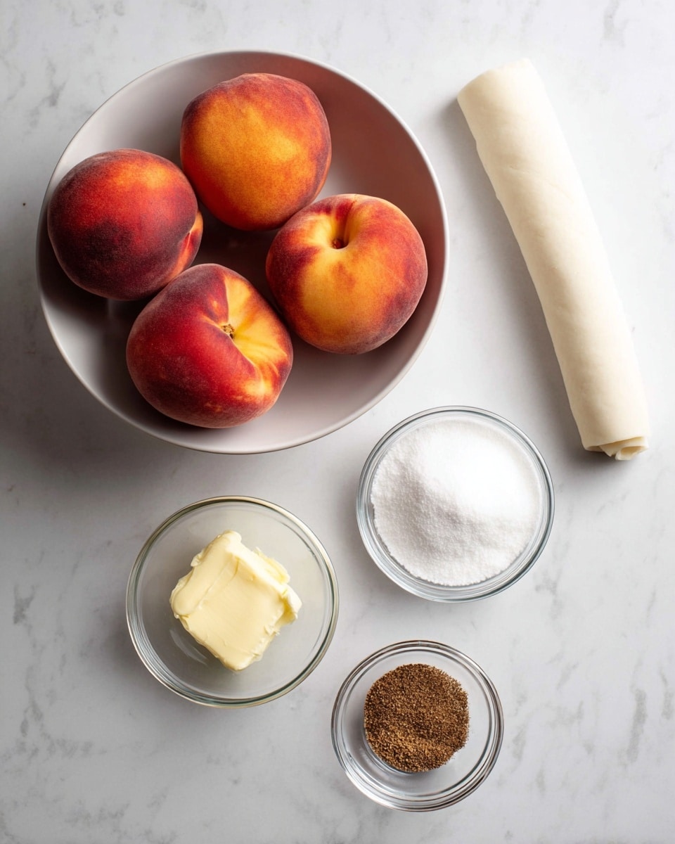 A top-down view of five whole peaches with red and orange skin in a white bowl positioned at the upper left; to the right of the bowl is a rolled white puff pastry sheet placed vertically. Below the peaches bowl is a small clear glass bowl containing light yellow butter, and to its right, another small clear bowl filled with white sugar. At the bottom right corner, a tiny clear bowl holds a mix of brown cardamom and cinnamon powders. All items are arranged on a white marbled surface. Photo taken with an iphone --ar 4:5 --v 7